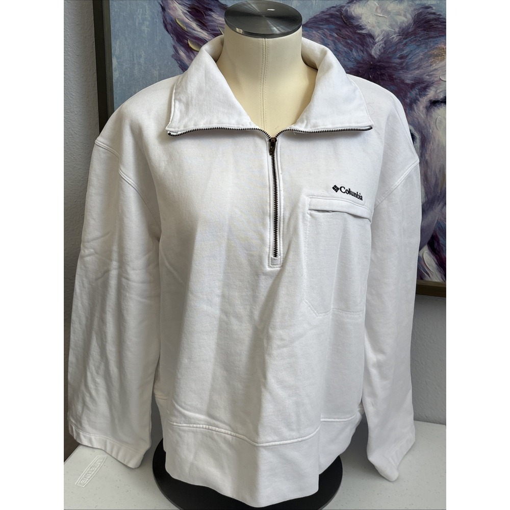 Columbia Women's L White 1/2 Zip Collared Knit Wide Sleeve Pullover Sweatshirt